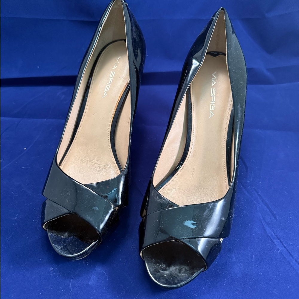 Via Spiga Glossy Black Peep Toe Heels